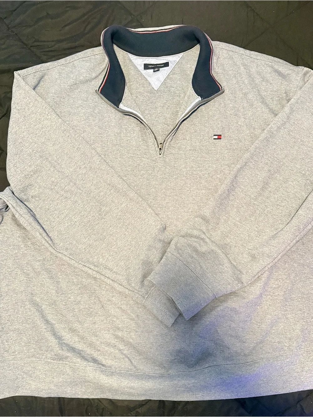 Tommy Hilfiger Men’s Light Gray Quarter-Zip Sweater with Navy Trim